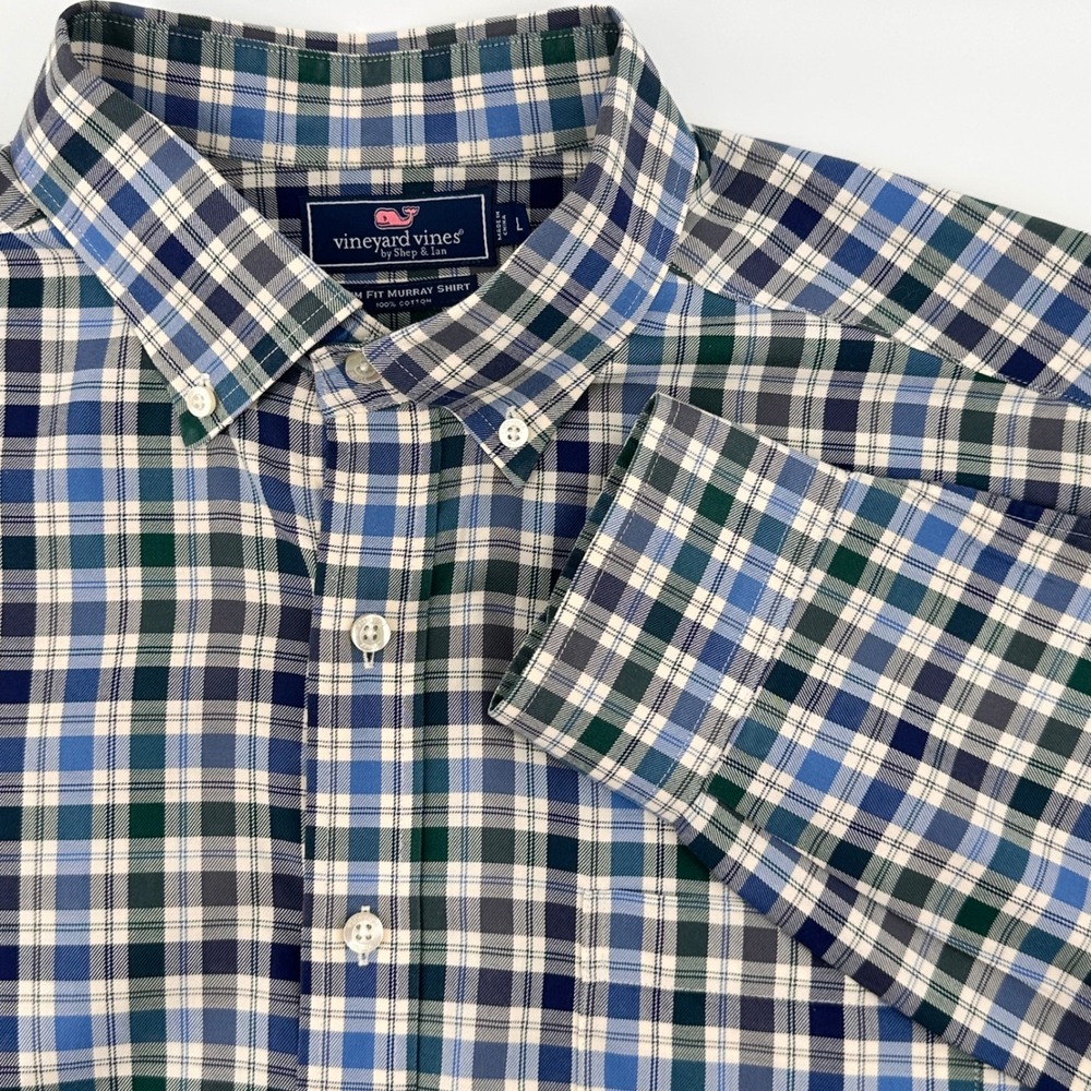 Vineyard Vines Slim‎ Fit Murray Shirt Mens L Blue Green Plaid Cotton Long Sleeve
